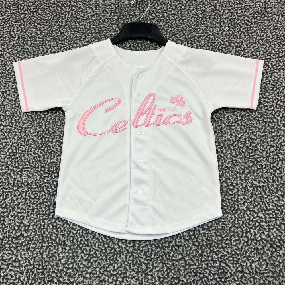 Boston Celtics Jersey Shirt Kids 7 White Pink NBA Button Up Short Sleeve New